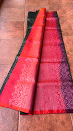 Black and orange matrix kanchipuram silk saree with blouse - Threads
