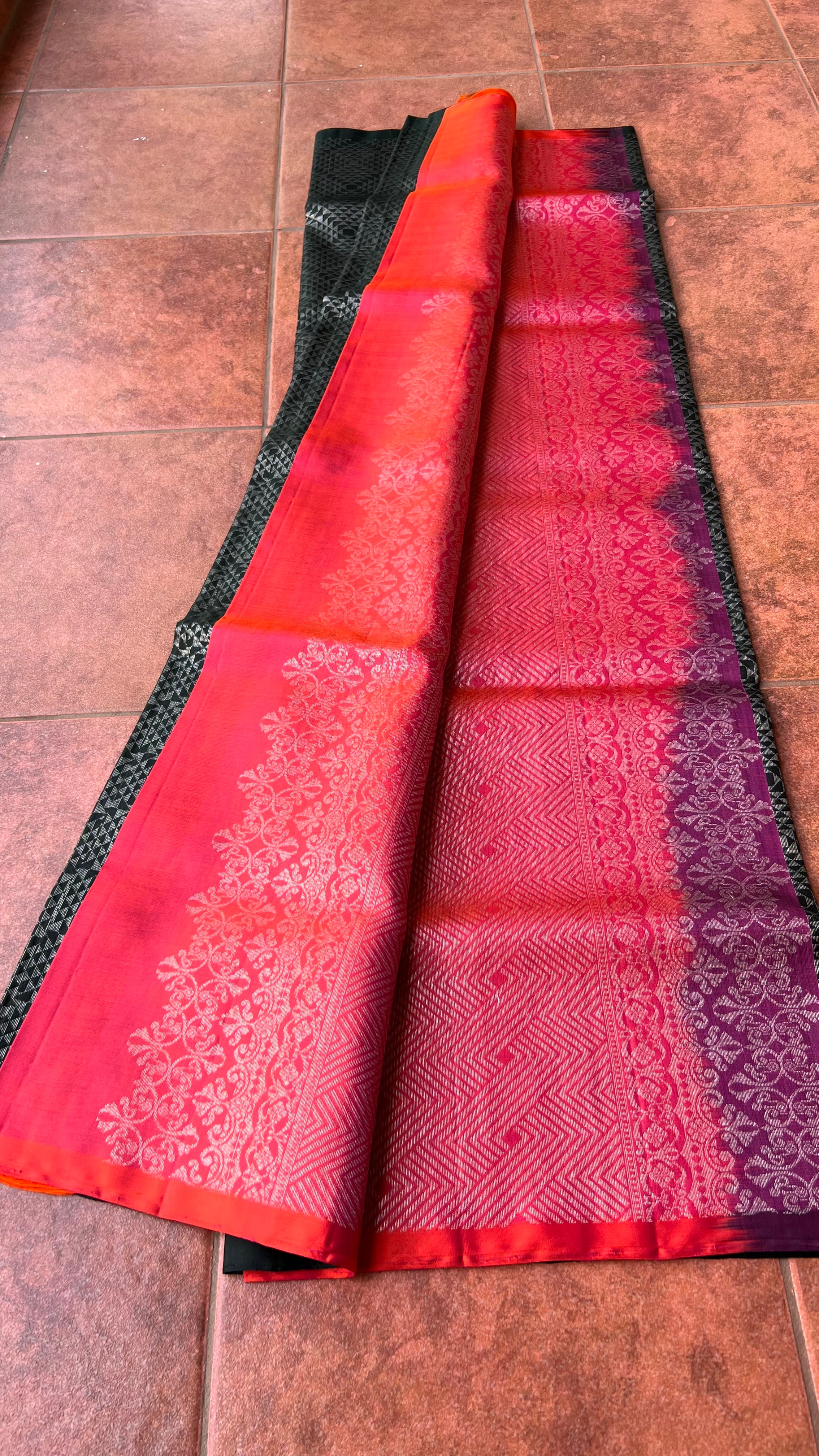Black and orange matrix kanchipuram silk saree with blouse - Threads
