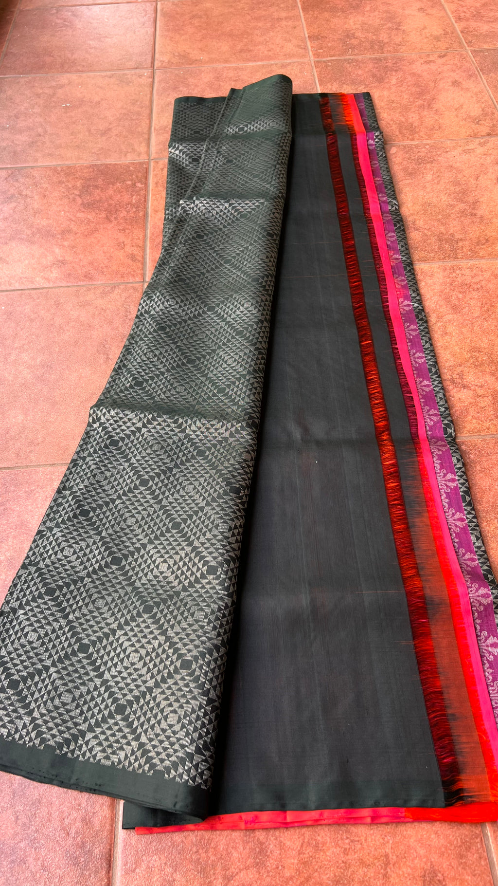 Black and orange matrix kanchipuram silk saree with blouse - Threads