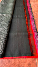 Black and orange matrix kanchipuram silk saree with blouse - Threads