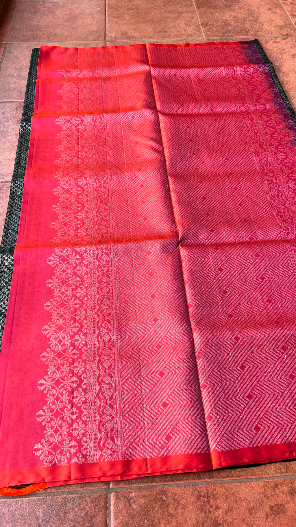 Black and orange matrix kanchipuram silk saree with blouse - Threads