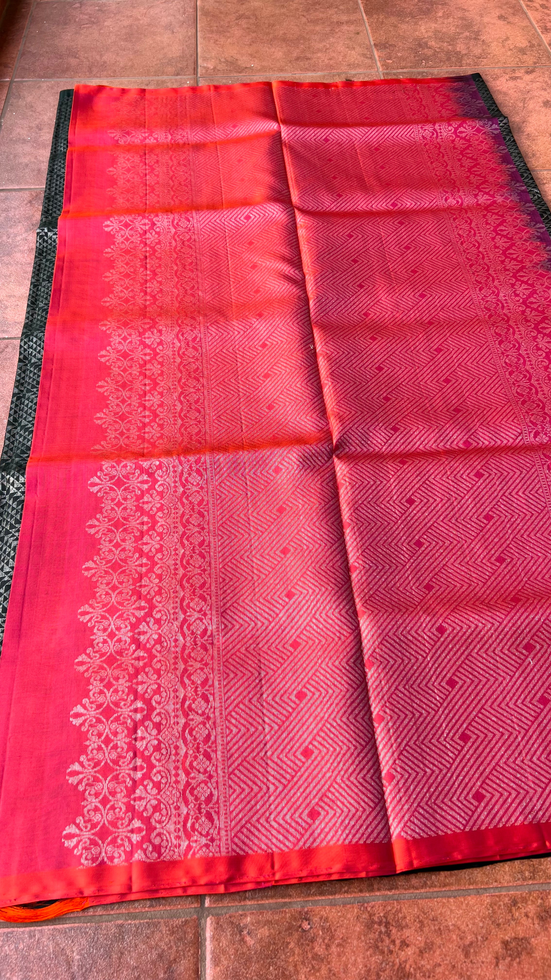 Black and orange matrix kanchipuram silk saree with blouse - Threads