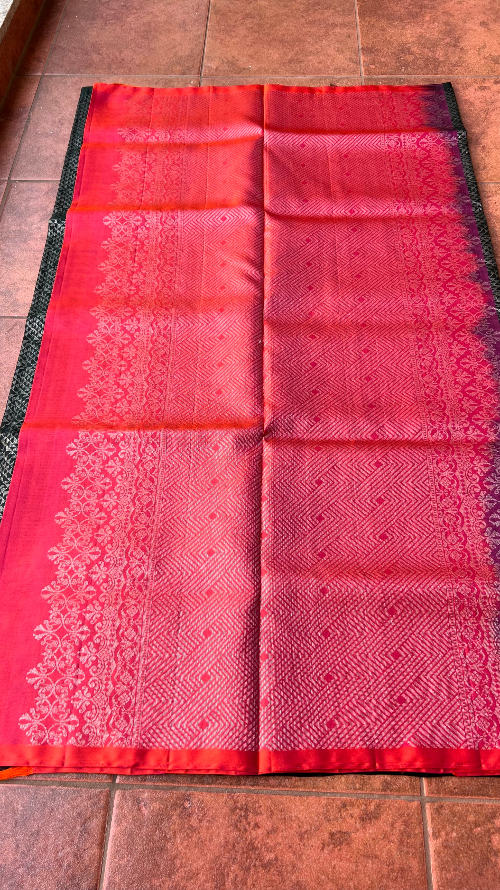 Black and orange matrix kanchipuram silk saree with blouse - Threads