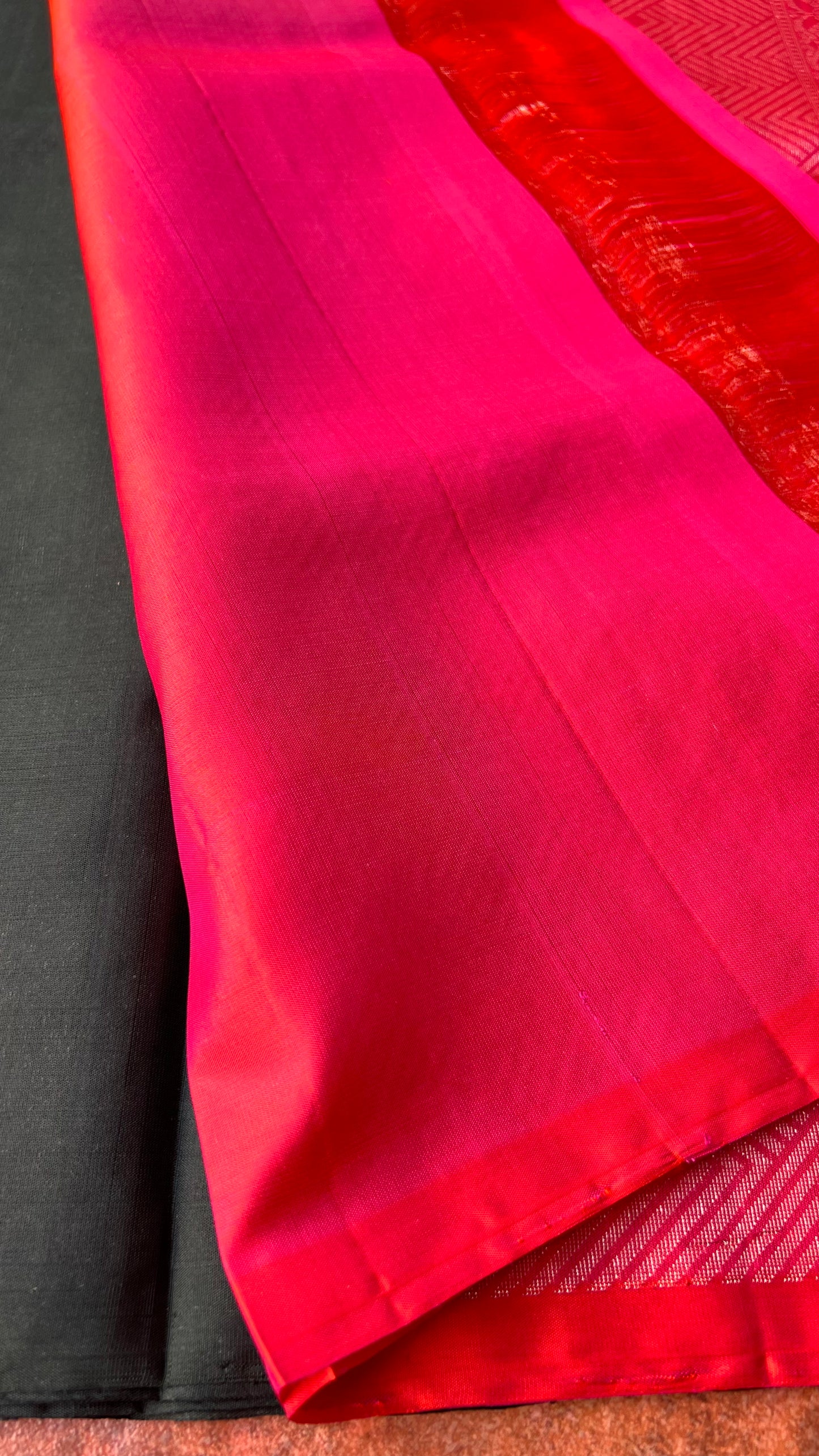 Black and orange matrix kanchipuram silk saree with blouse - Threads