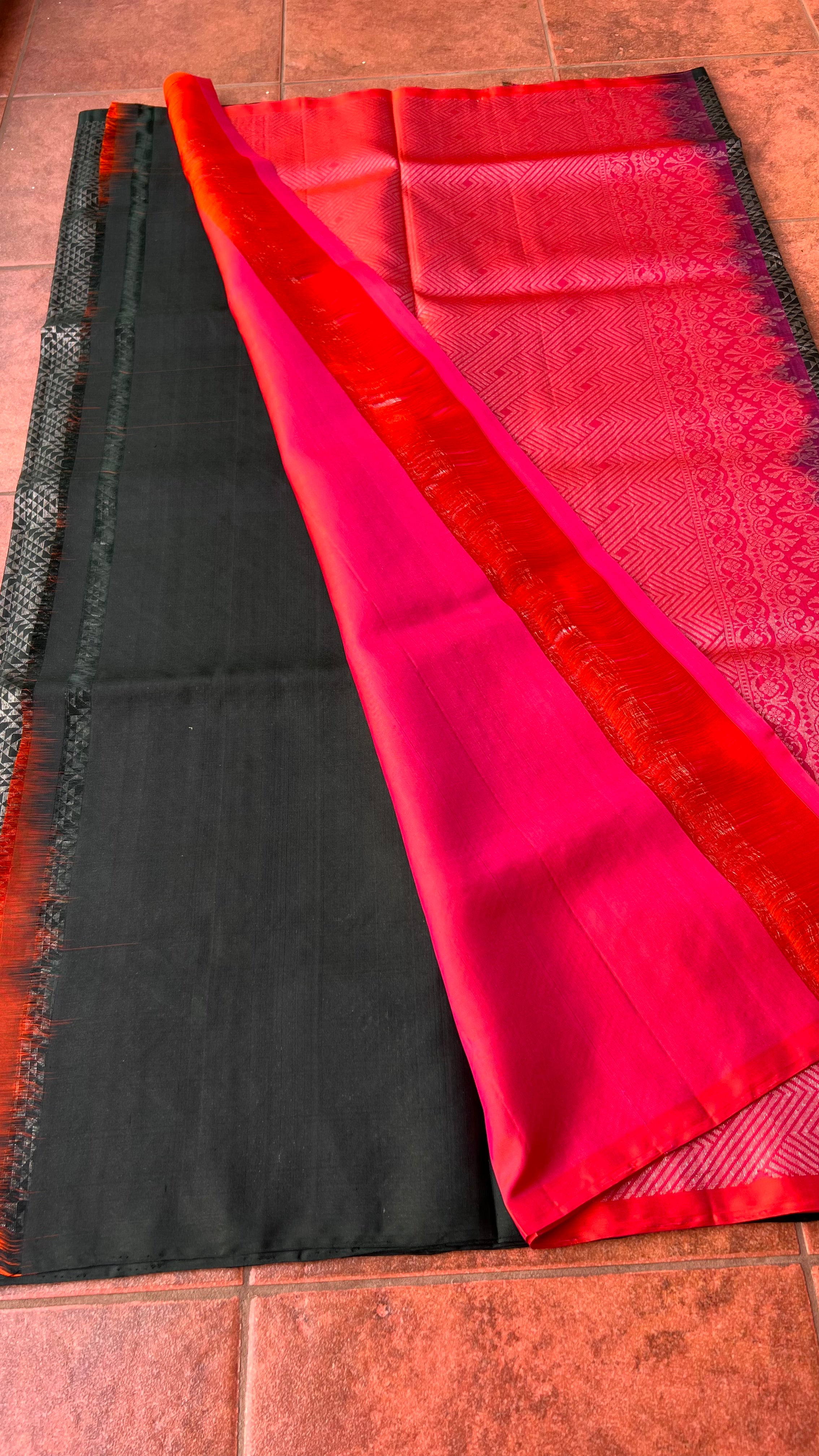 Black and orange matrix kanchipuram silk saree with blouse - Threads
