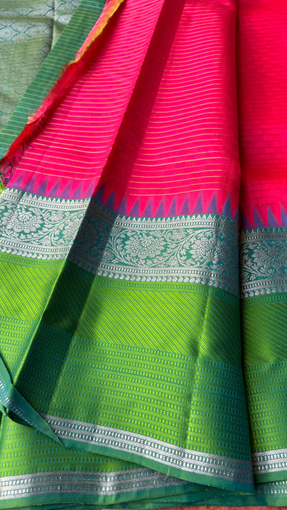 Fuschia pink and green kanchipuram silk saree with blouse - Threads