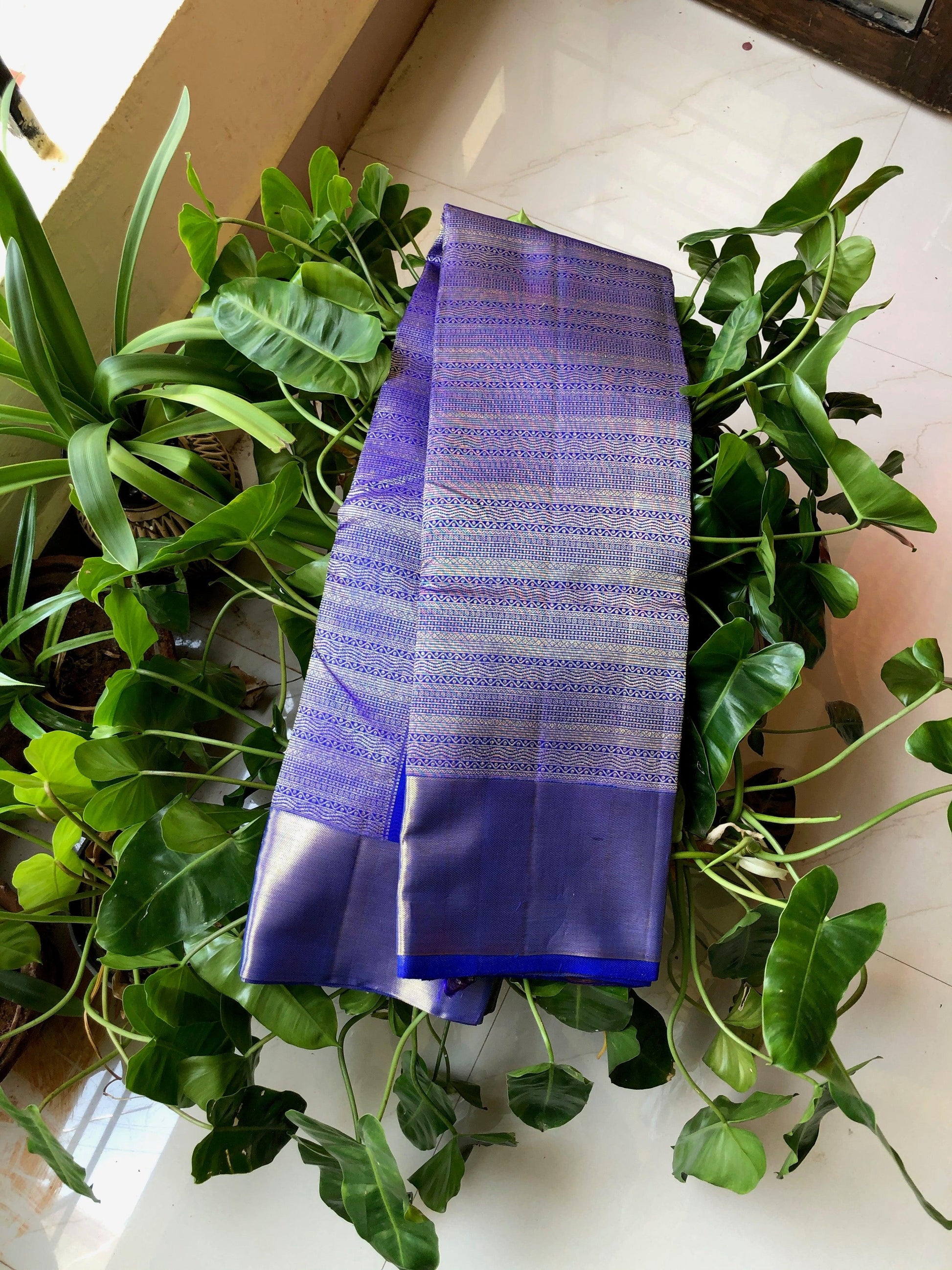 Bridal deep blue silver zari kanjivaram silk saree - Threads