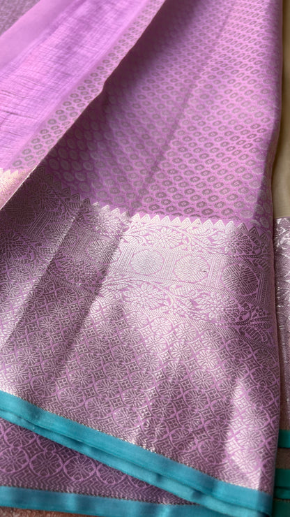 Silver Cream and light Pink kanchipuram silk saree with blouse - Threads