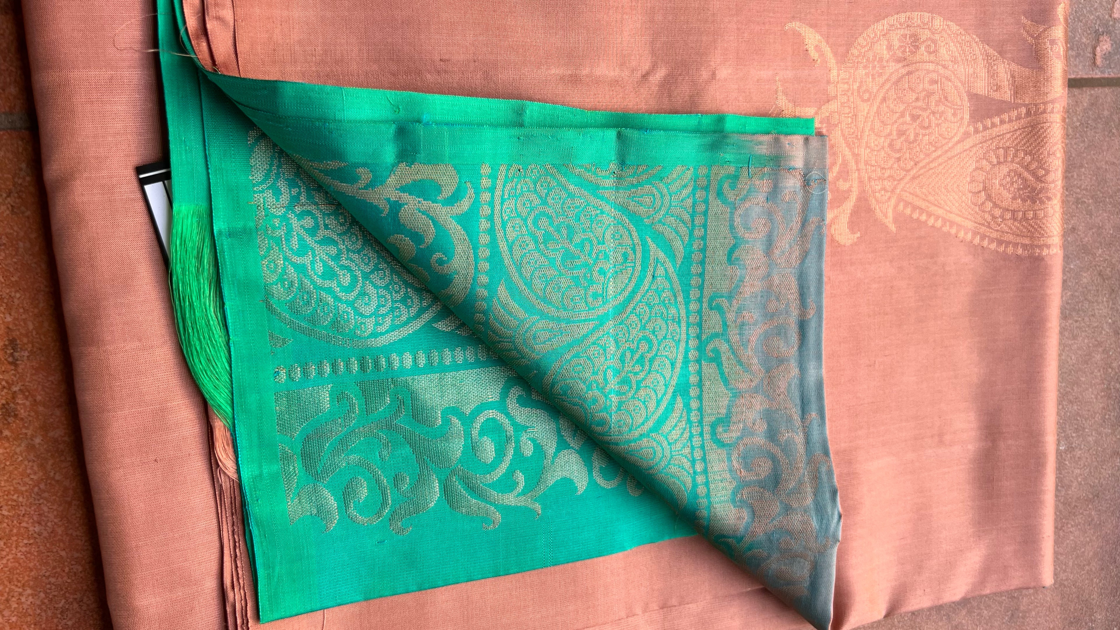 Peacock biscuit and electric blue kanchipuram silk saree with blouse - Threads