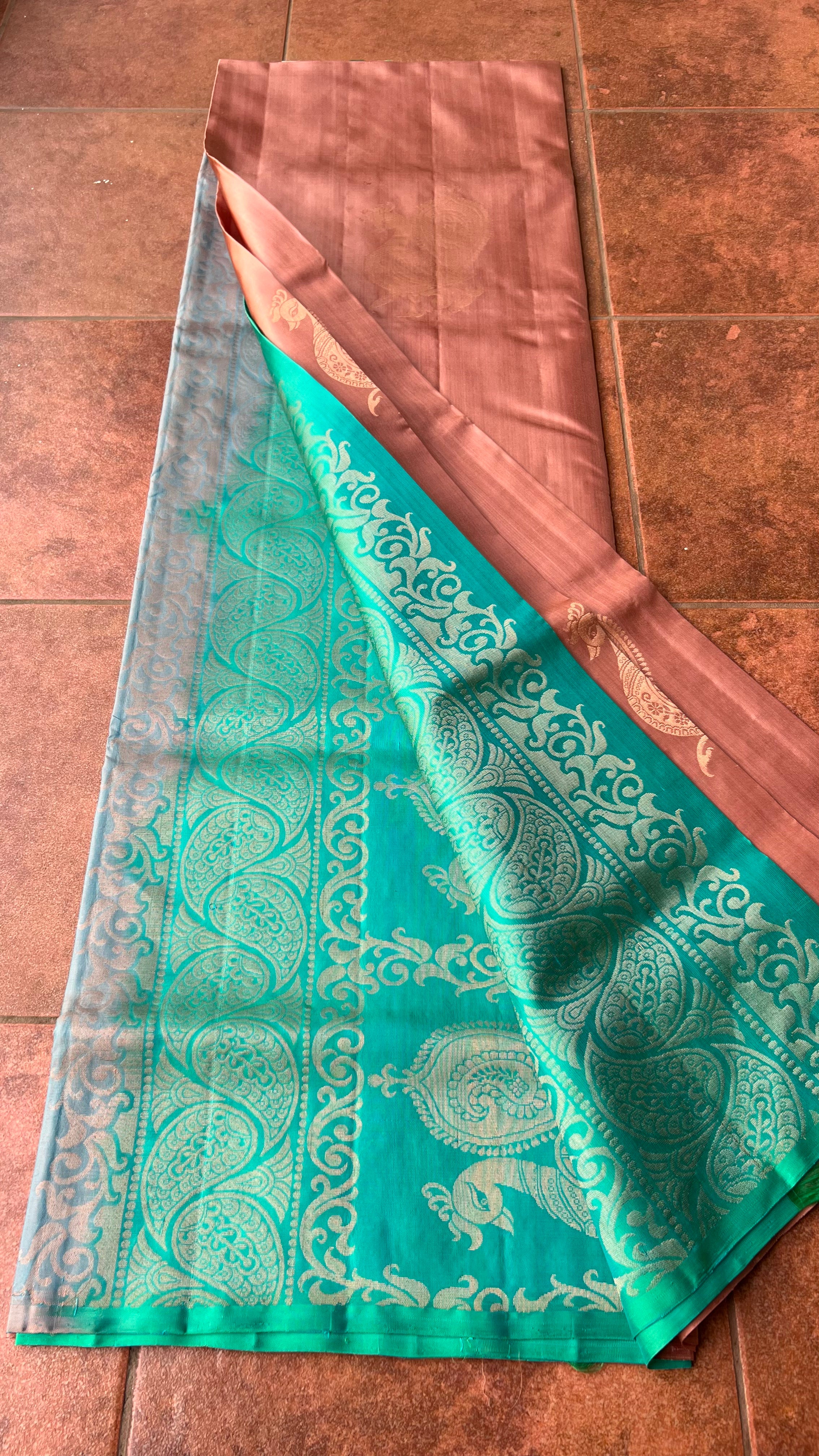 Peacock biscuit and electric blue kanchipuram silk saree with blouse - Threads