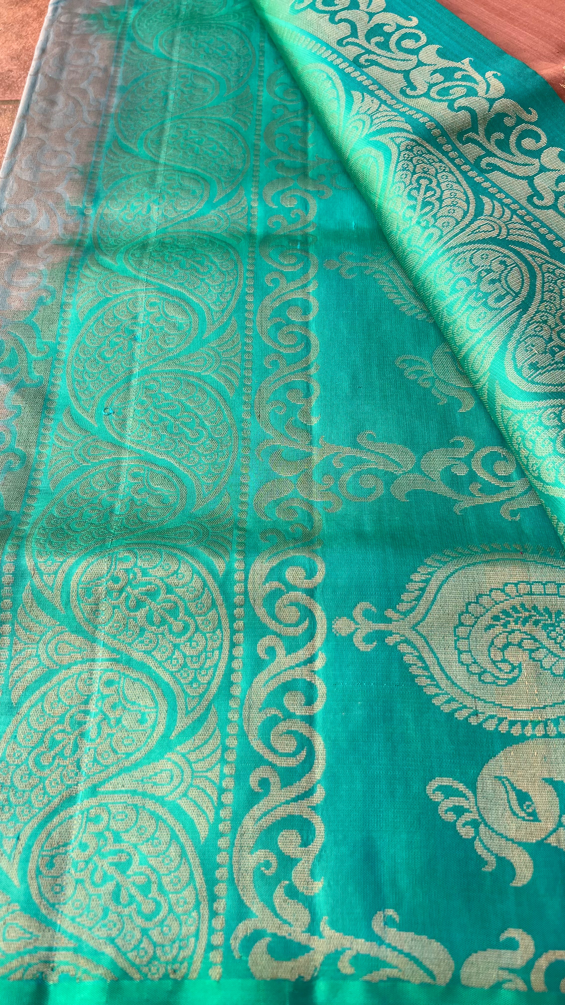Peacock biscuit and electric blue kanchipuram silk saree with blouse - Threads