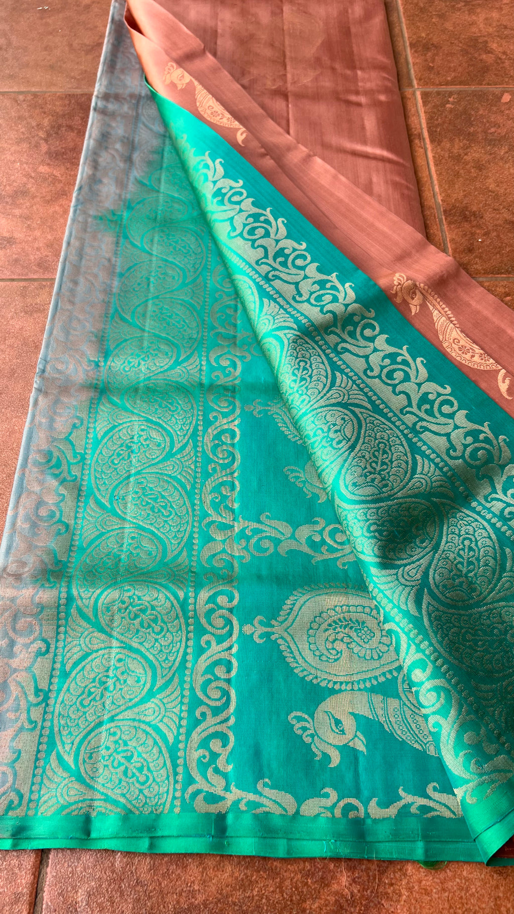 Peacock biscuit and electric blue kanchipuram silk saree with blouse - Threads