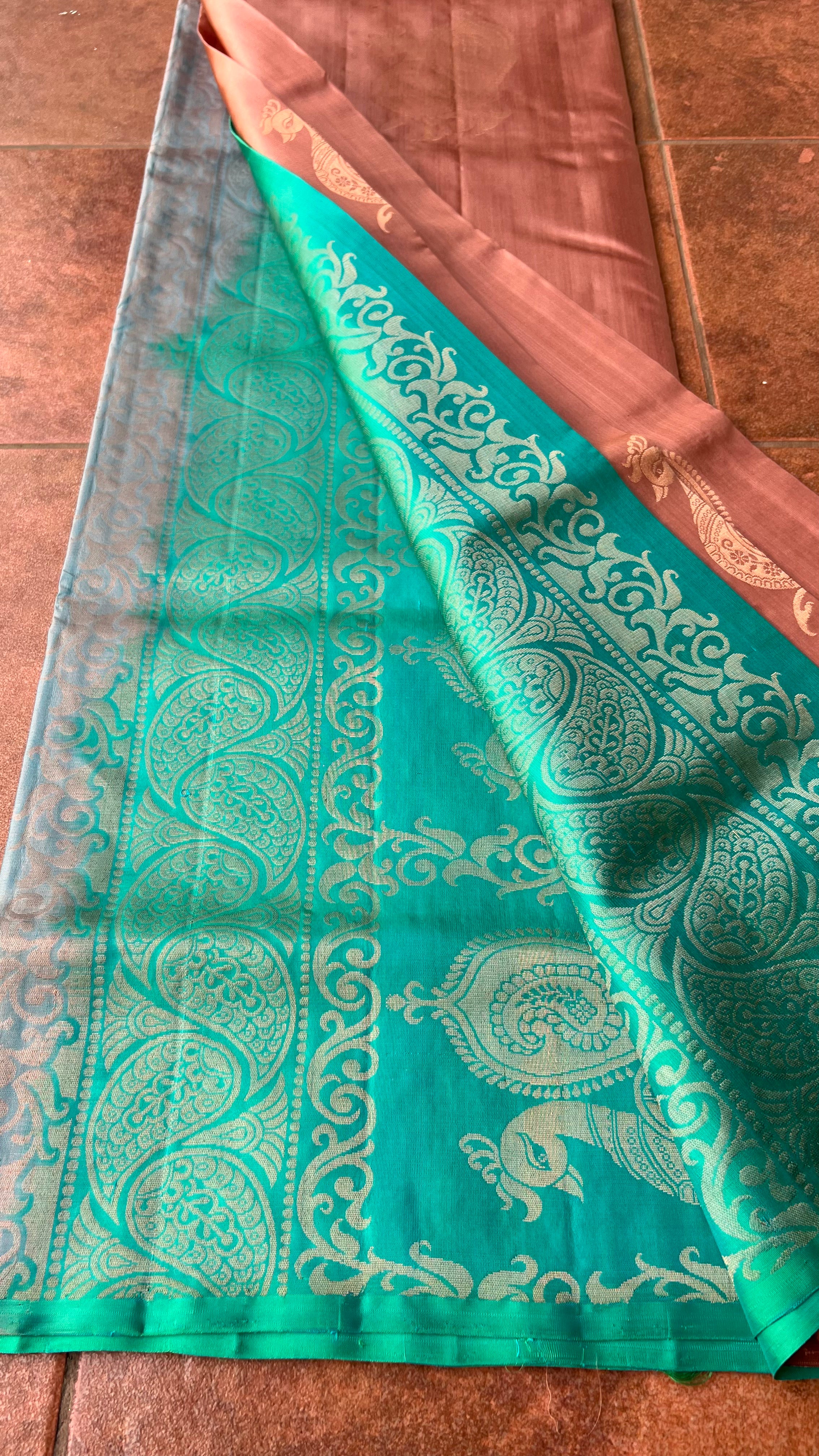 Peacock biscuit and electric blue kanchipuram silk saree with blouse - Threads