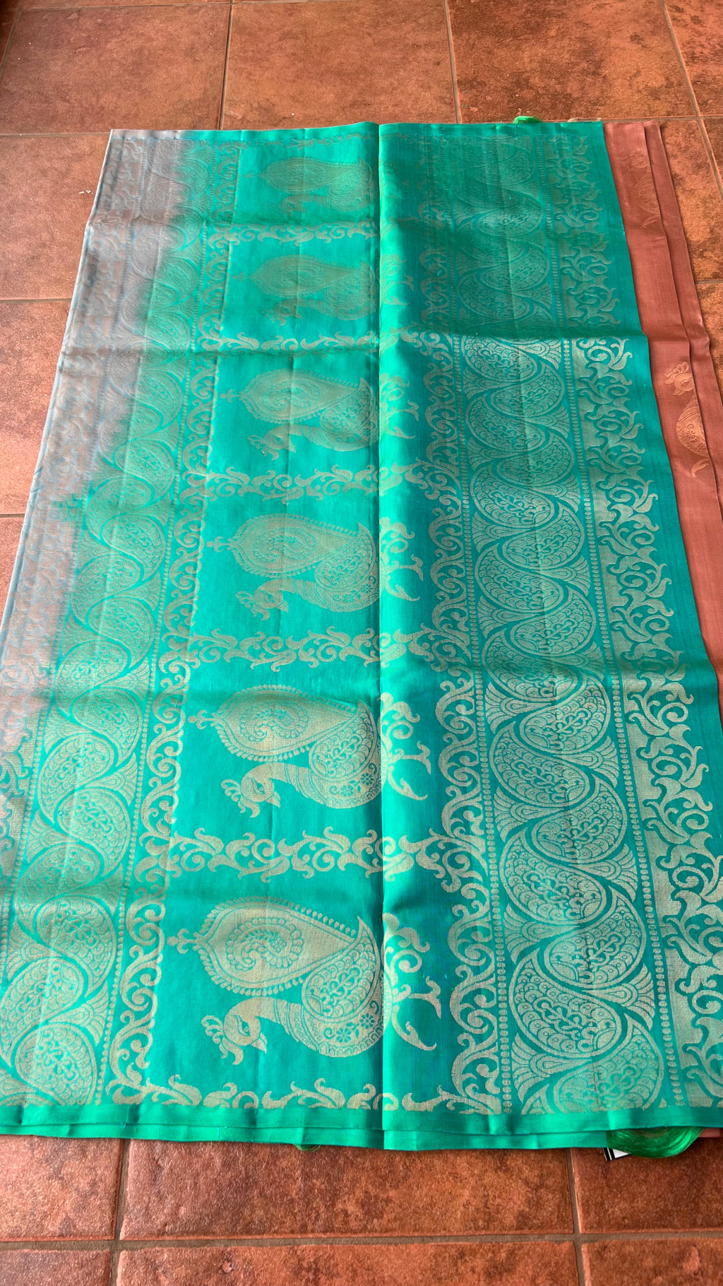 Peacock biscuit and electric blue kanchipuram silk saree with blouse - Threads