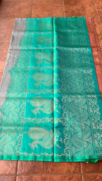 Peacock biscuit and electric blue kanchipuram silk saree with blouse - Threads