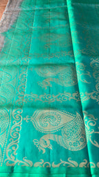 Peacock biscuit and electric blue kanchipuram silk saree with blouse - Threads