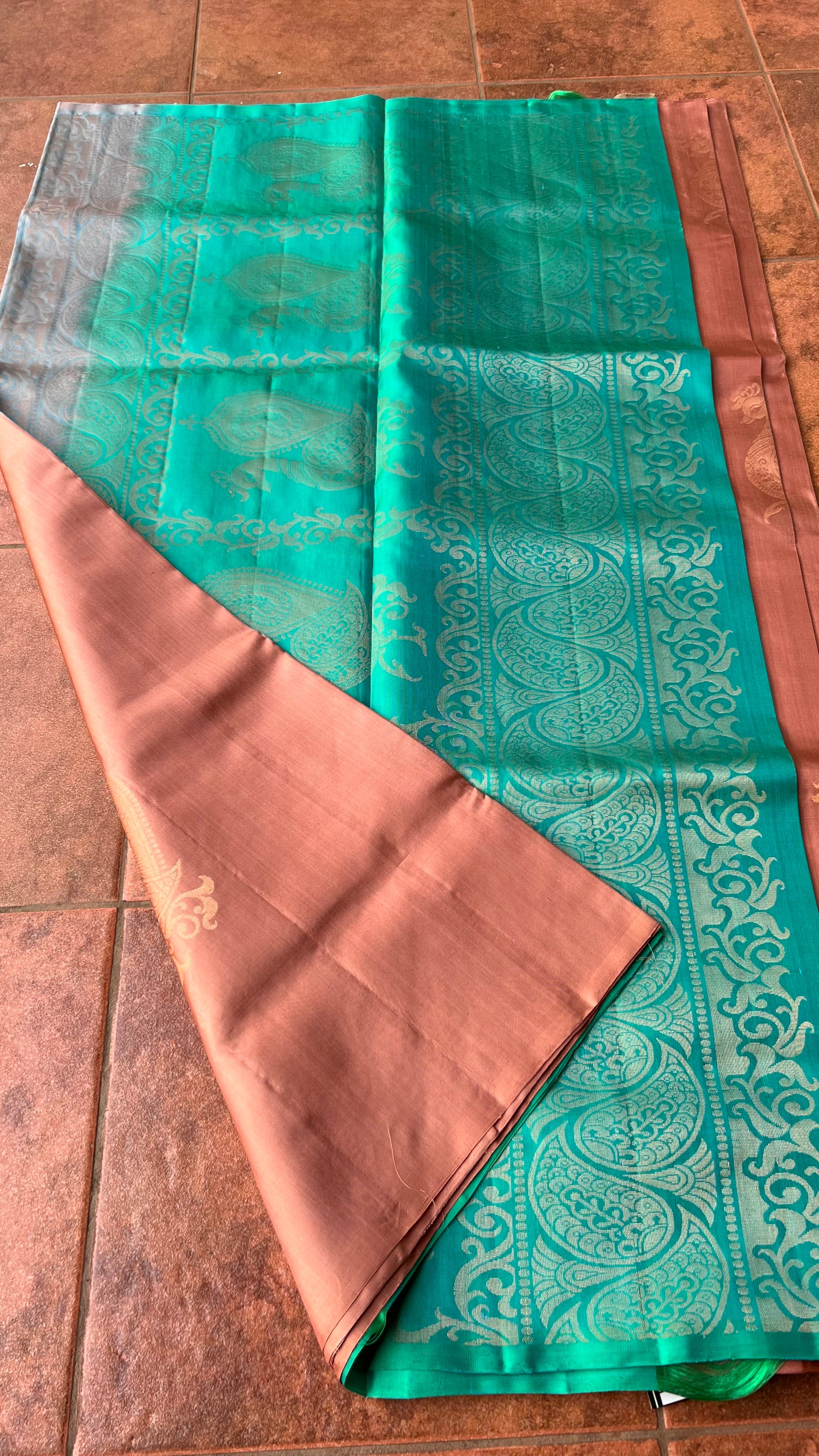 Peacock biscuit and electric blue kanchipuram silk saree with blouse - Threads