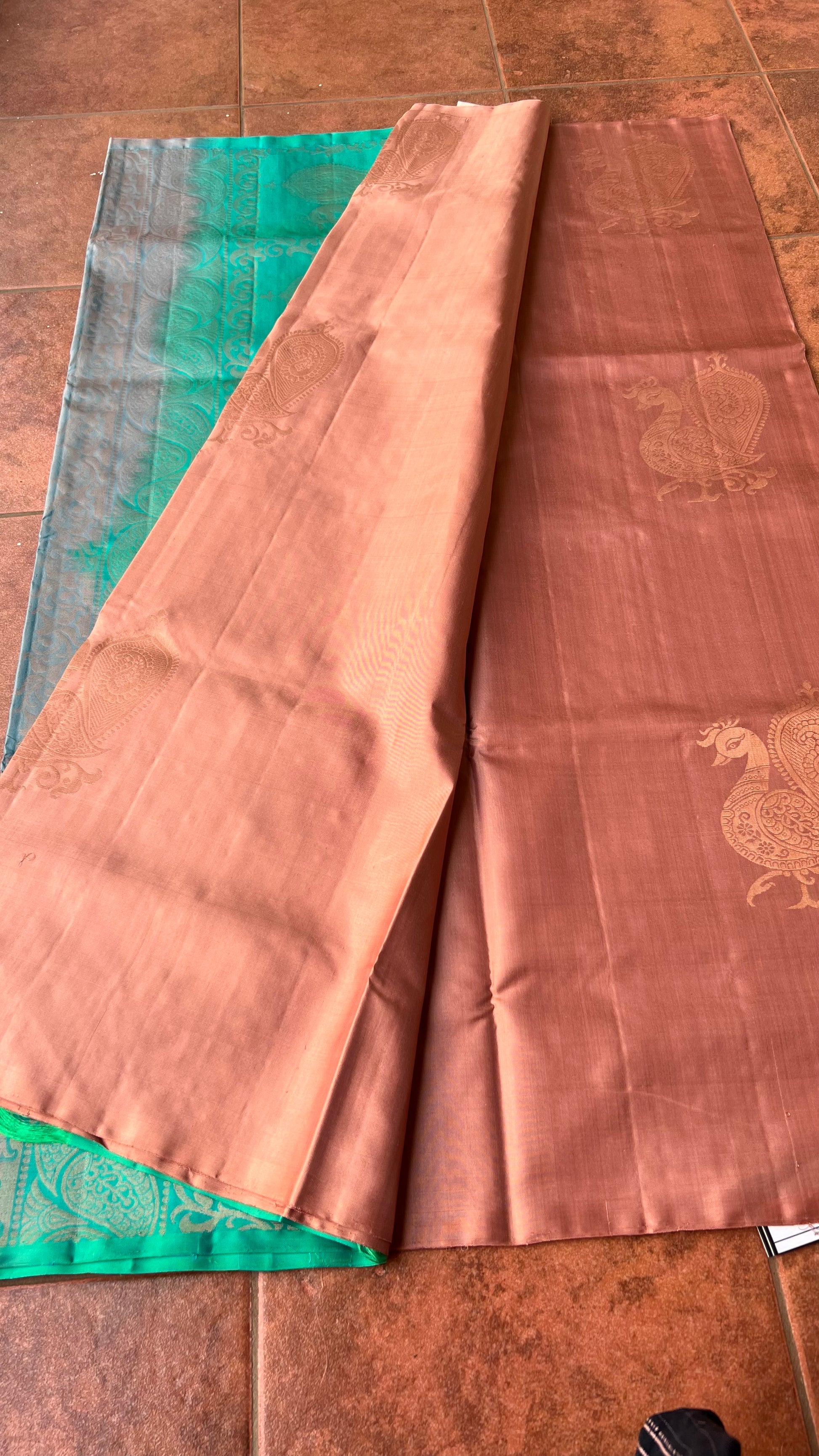Peacock biscuit and electric blue kanchipuram silk saree with blouse - Threads