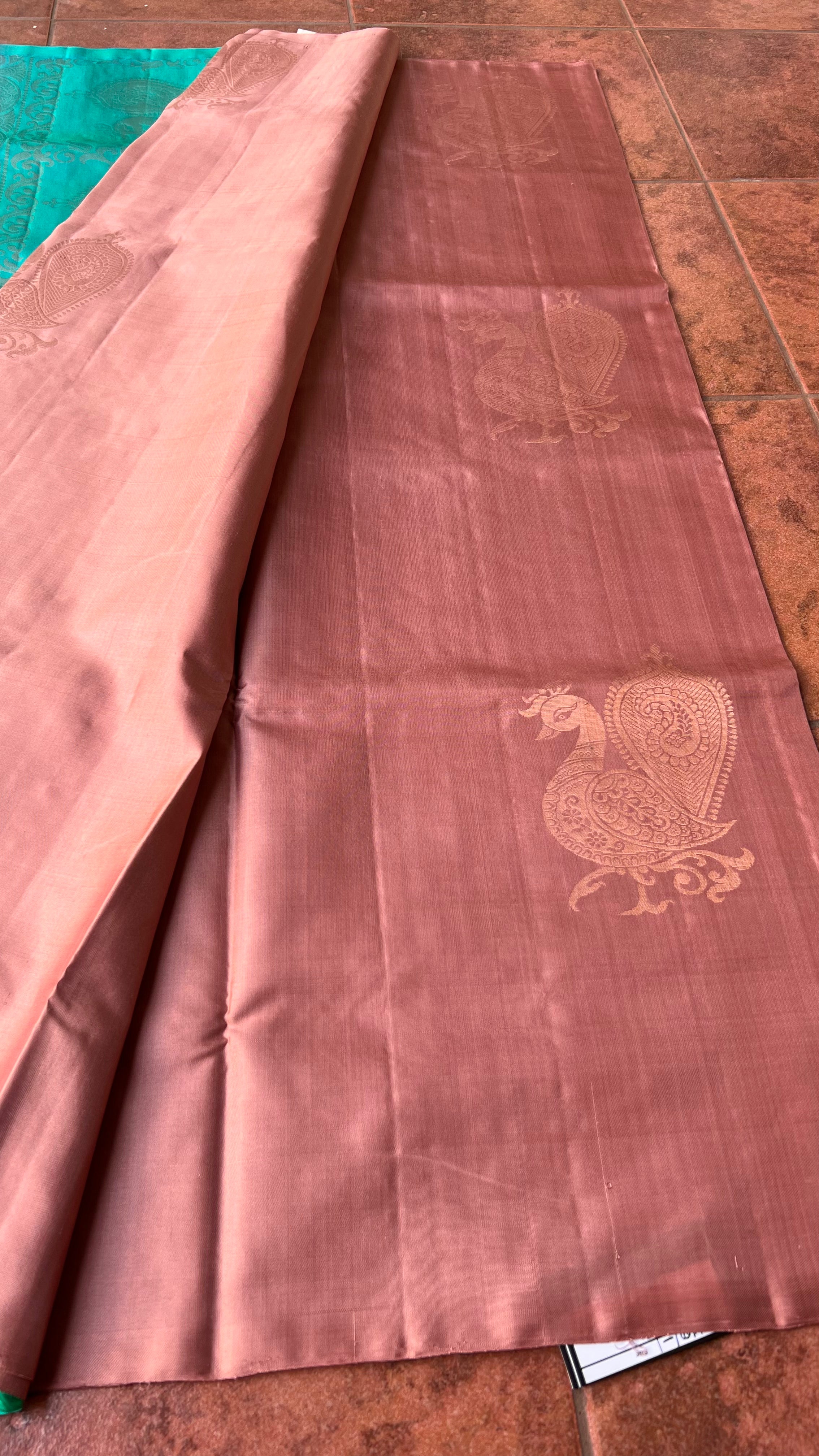 Peacock biscuit and electric blue kanchipuram silk saree with blouse - Threads