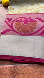 Cream and Pink kanchipuram silk saree with blouse - Threads