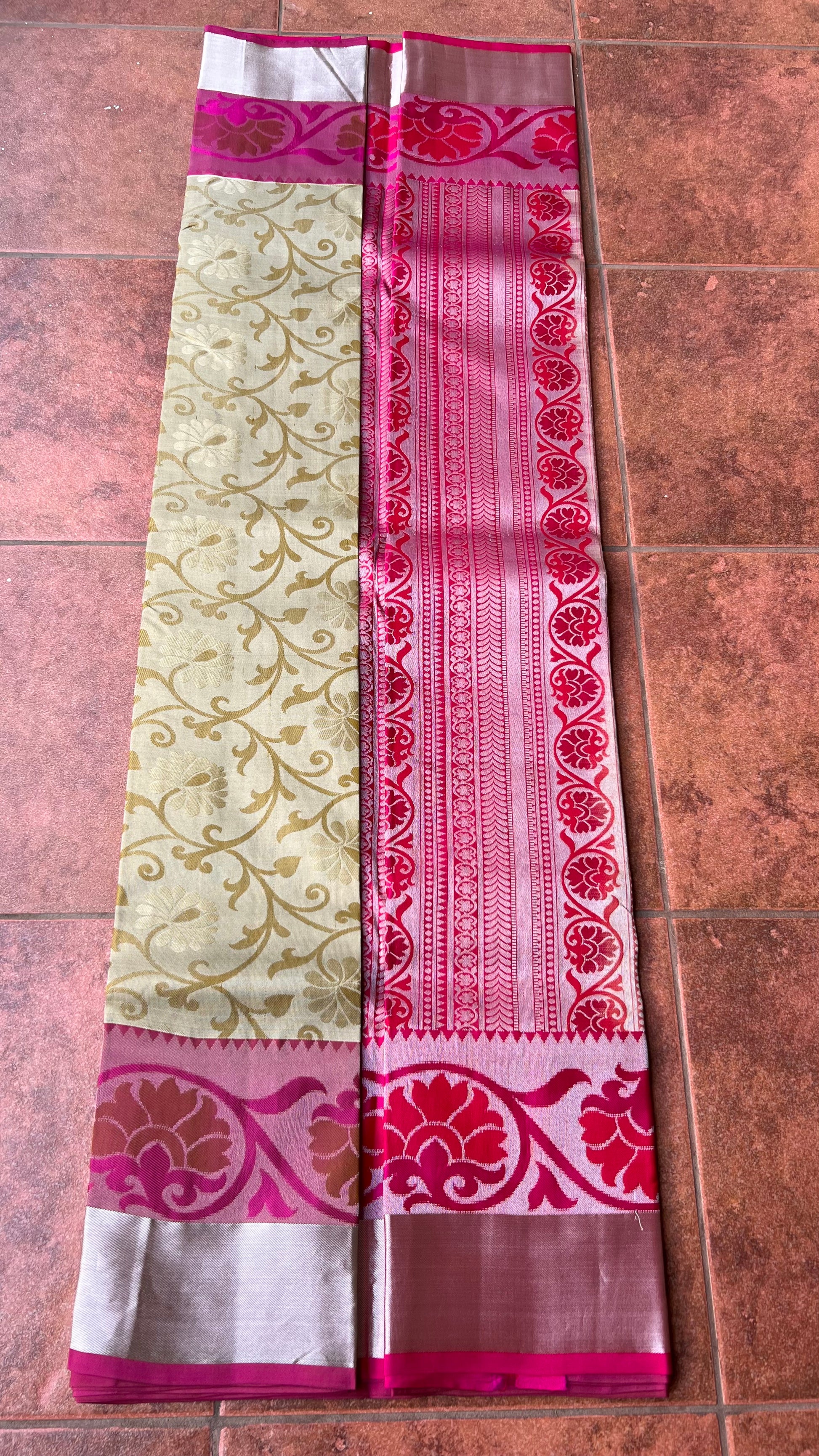Cream and Pink kanchipuram silk saree with blouse - Threads