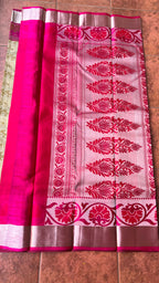 Cream and Pink kanchipuram silk saree with blouse - Threads