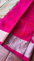 Cream and Pink kanchipuram silk saree with blouse - Threads