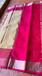 Cream and Pink kanchipuram silk saree with blouse - Threads