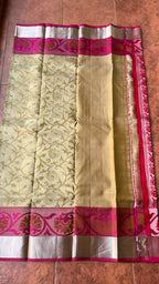 Cream and Pink kanchipuram silk saree with blouse - Threads