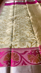Cream and Pink kanchipuram silk saree with blouse - Threads