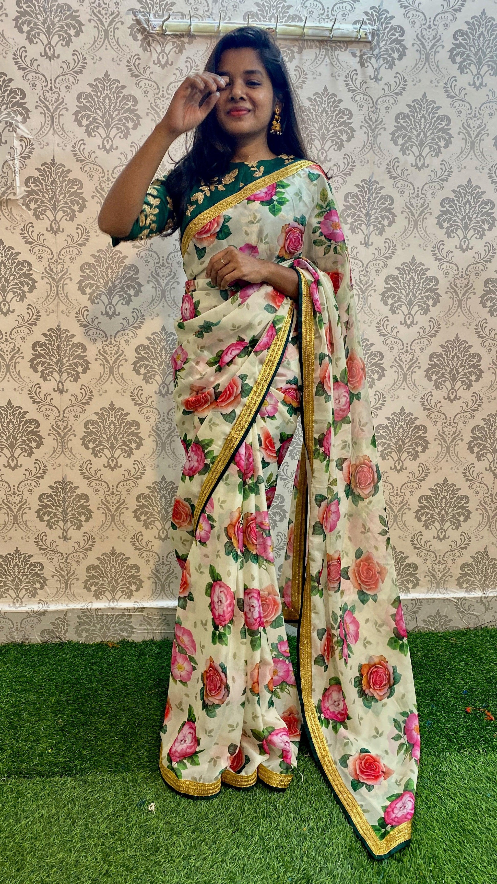 Organza Silk Floral saree with Embroidery Blouse - Threads