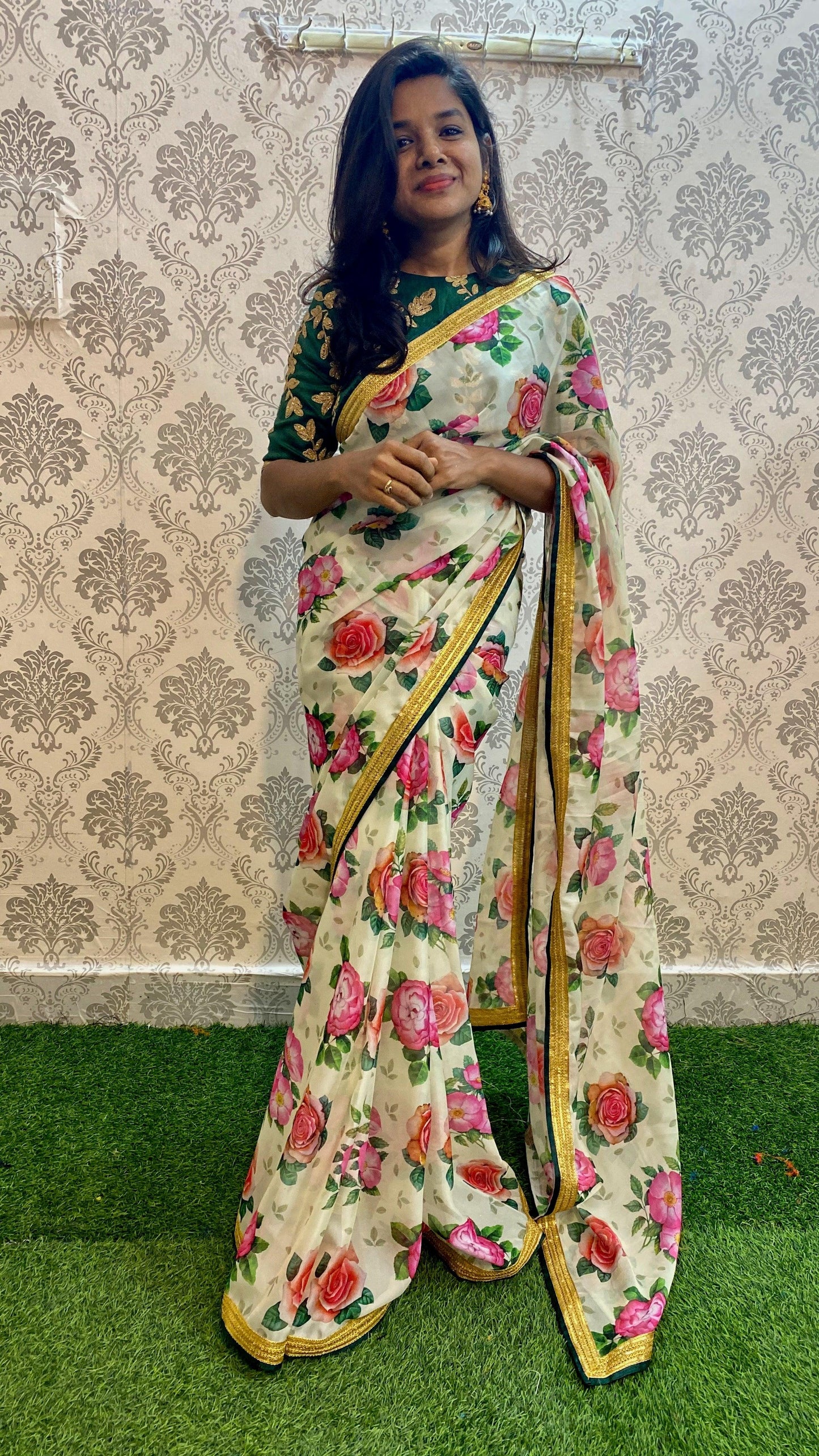 Organza Silk Floral saree with Embroidery Blouse - Threads