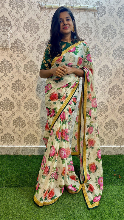 Organza Silk Floral saree with Embroidery Blouse - Threads