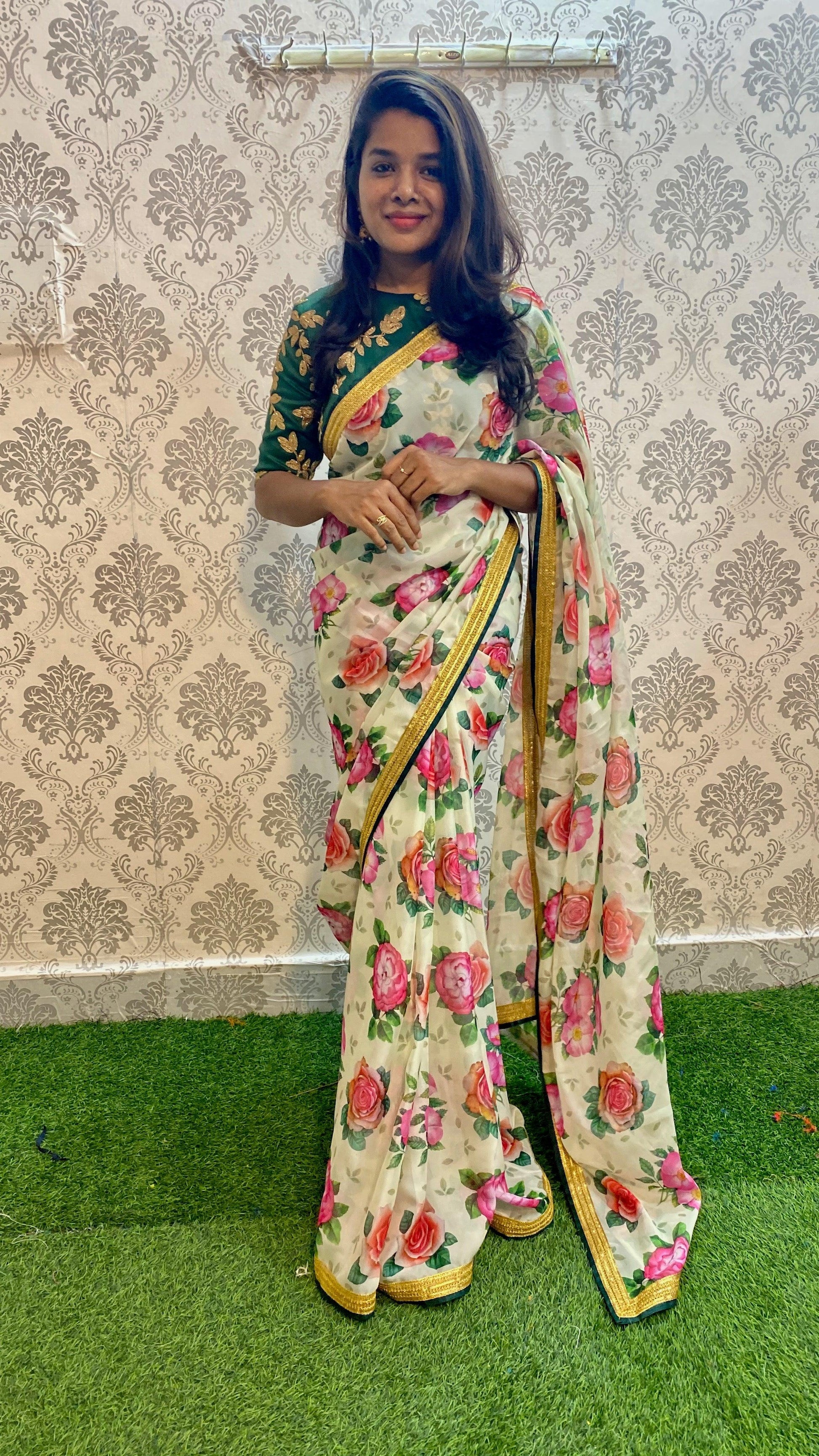 Organza Silk Floral saree with Embroidery Blouse - Threads