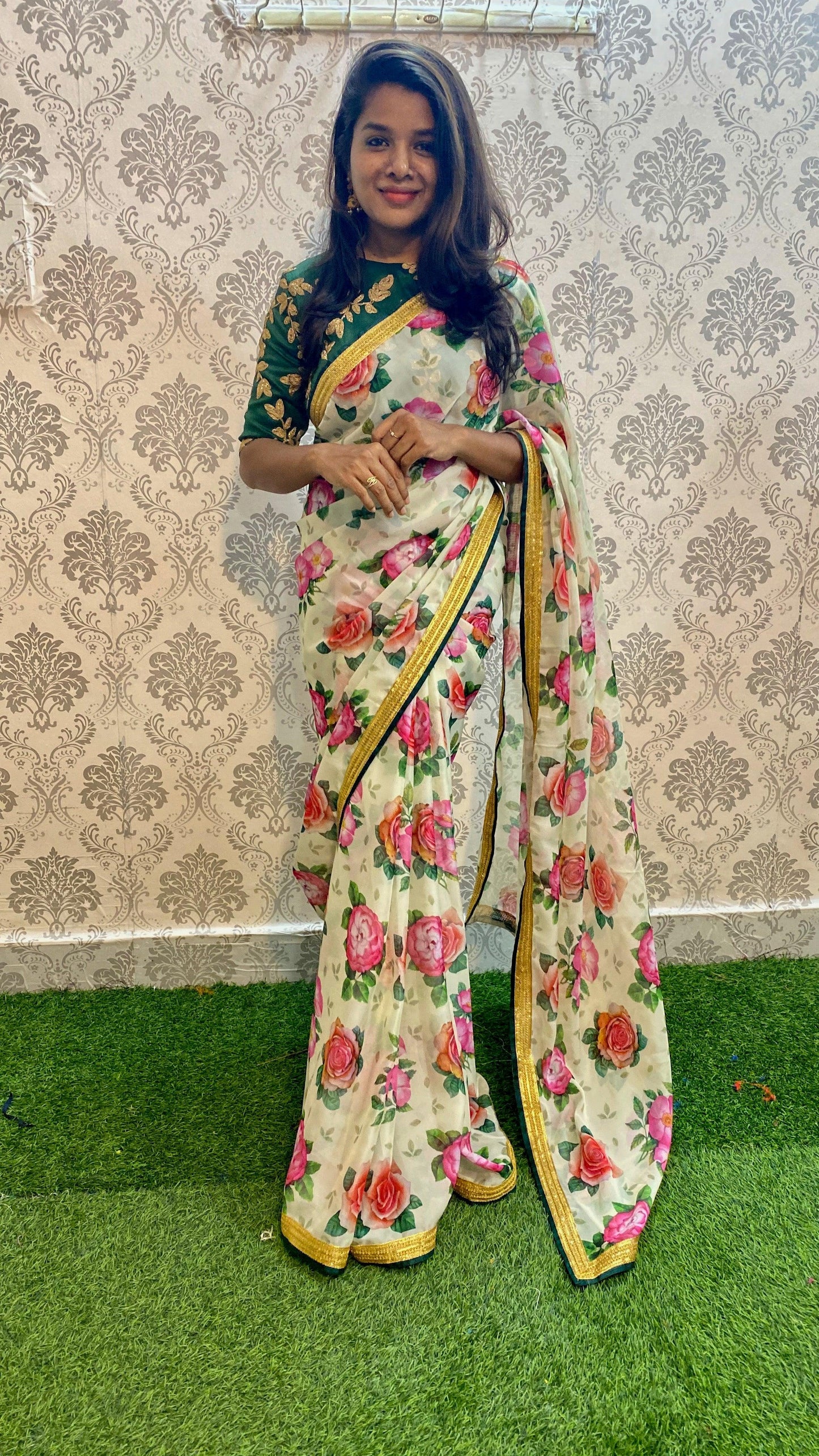 Organza Silk Floral saree with Embroidery Blouse - Threads