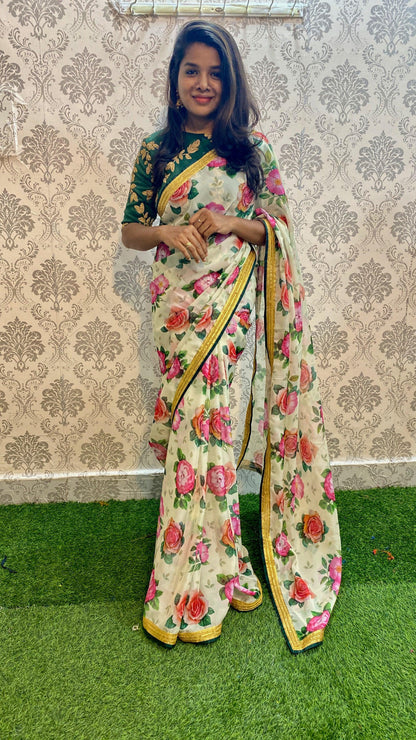 Organza Silk Floral saree with Embroidery Blouse - Threads