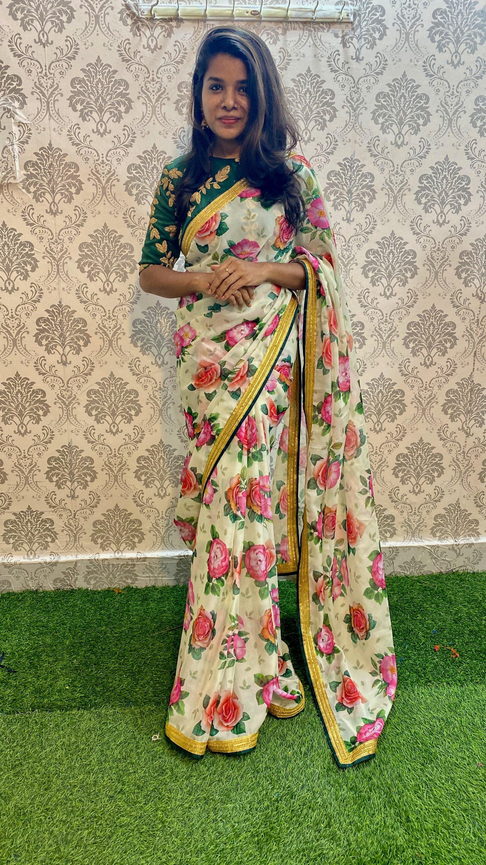 Organza Silk Floral saree with Embroidery Blouse - Threads