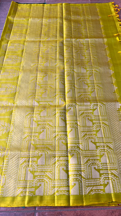 Yellow and green kanchipuram silk saree with blouse
