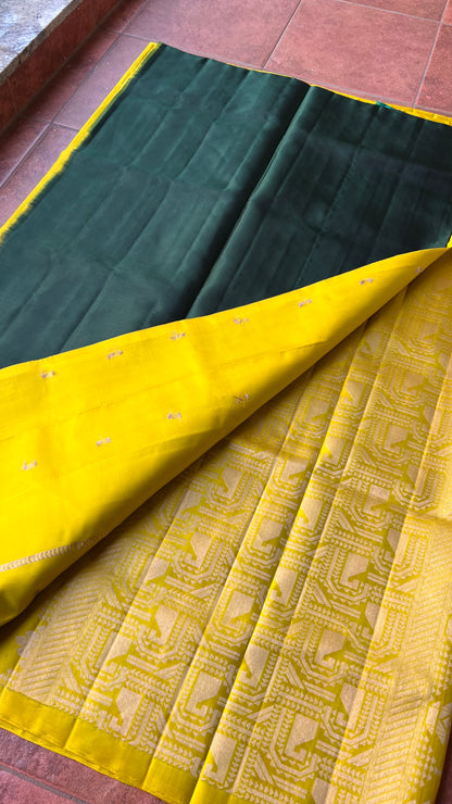 Yellow and green kanchipuram silk saree with blouse