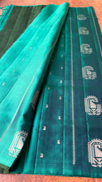 Prussian blue and green kanchipuram silk saree with blouse - Threads