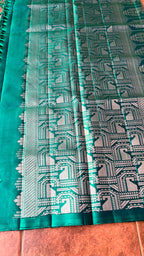 Prussian blue and green kanchipuram silk saree with blouse - Threads