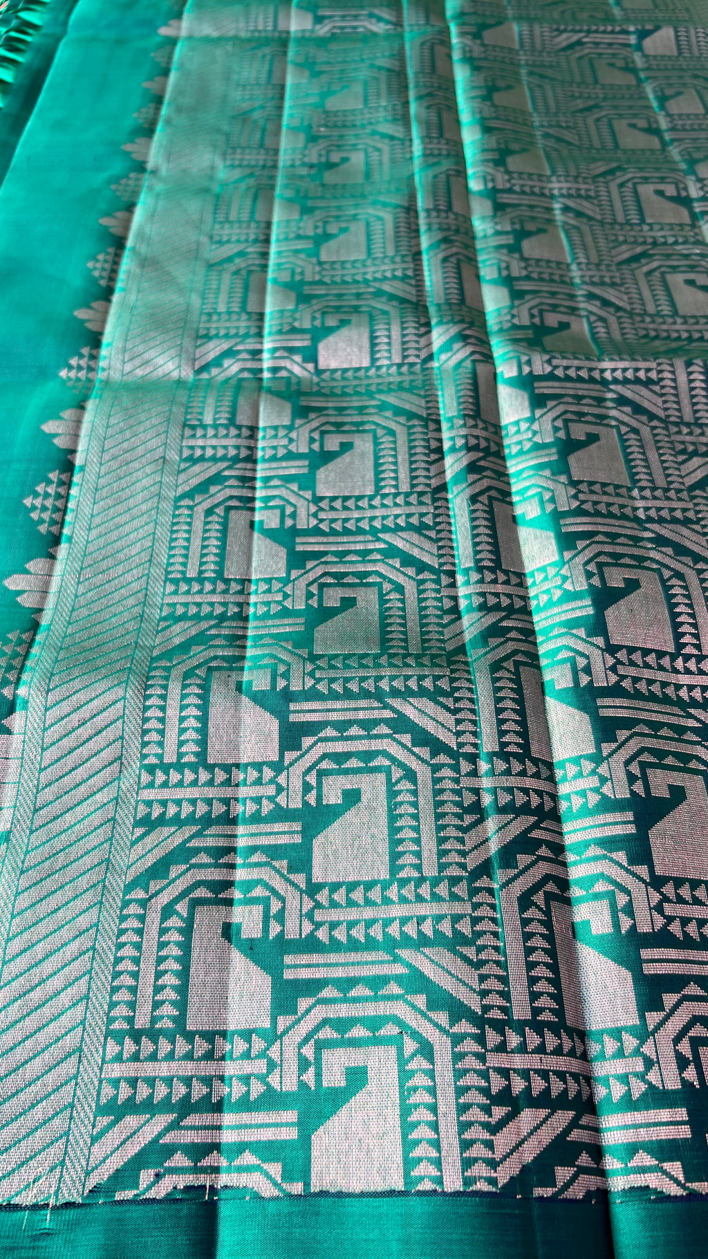 Prussian blue and green kanchipuram silk saree with blouse - Threads