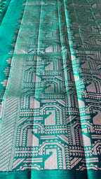 Prussian blue and green kanchipuram silk saree with blouse - Threads