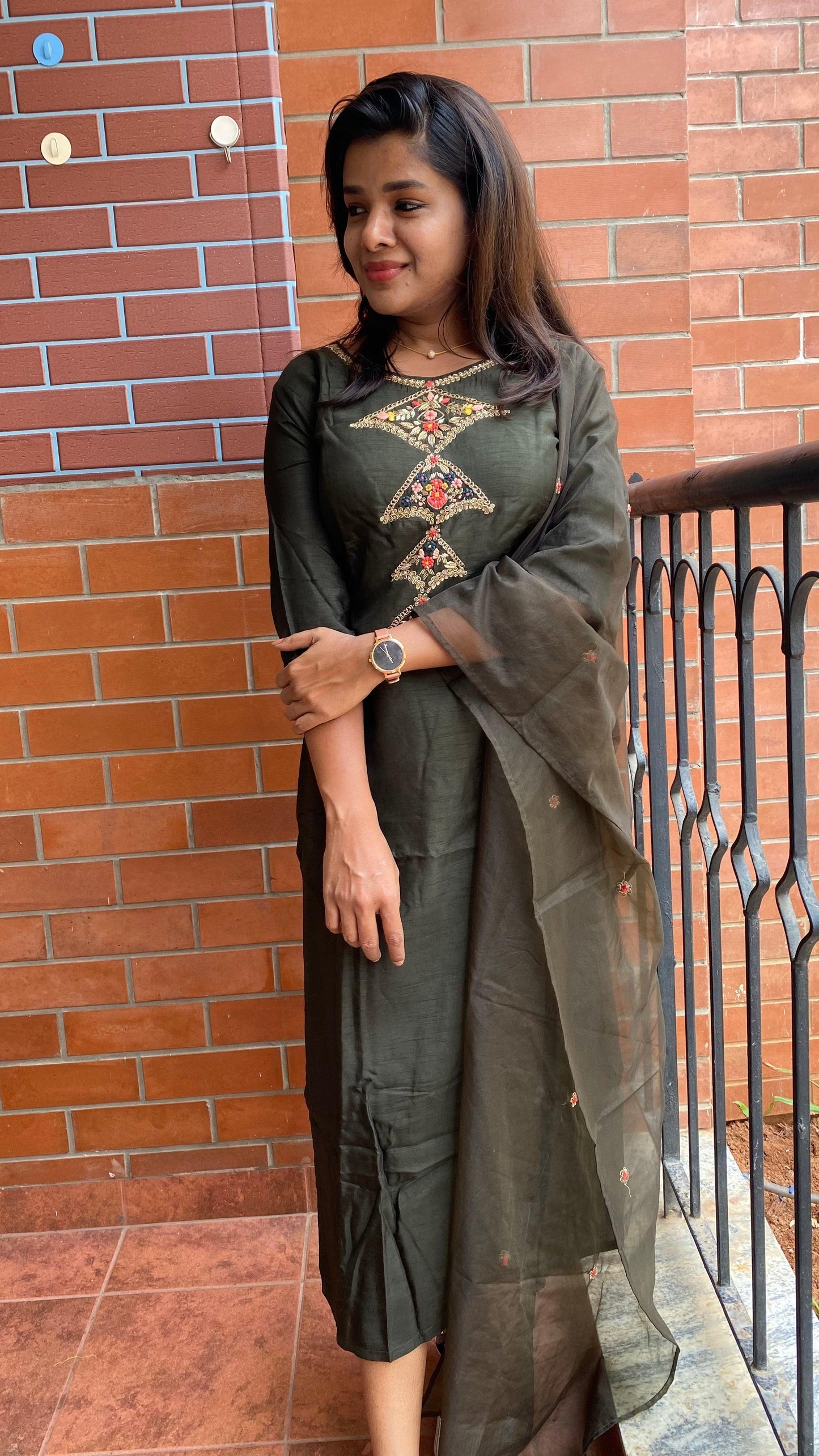 Bottle Green Heavy worked kurti top and duppata - Threads