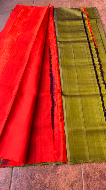 Bottle green and orange kanchipuram silk saree with blouse - Threads