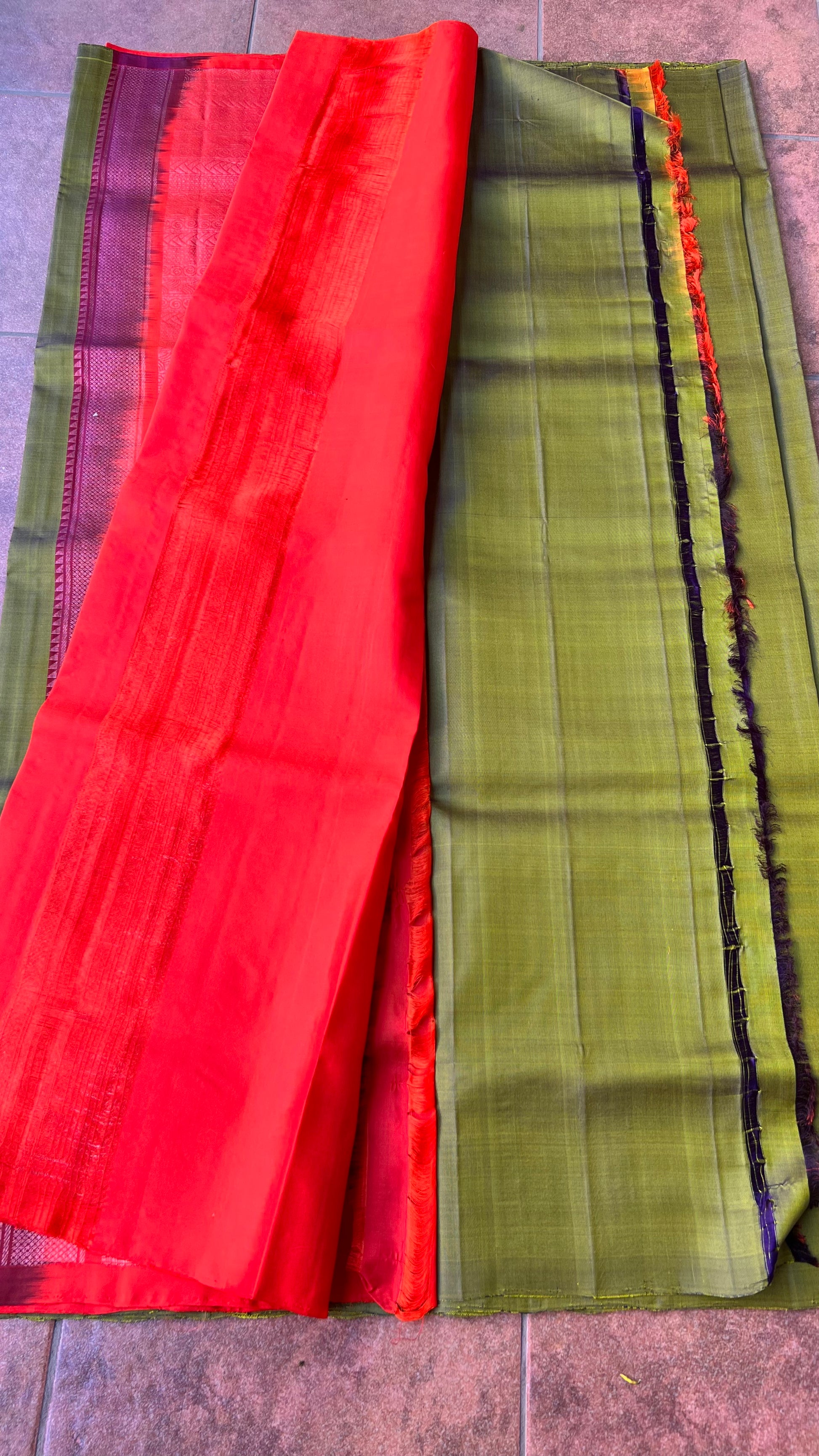 Bottle green and orange kanchipuram silk saree with blouse - Threads