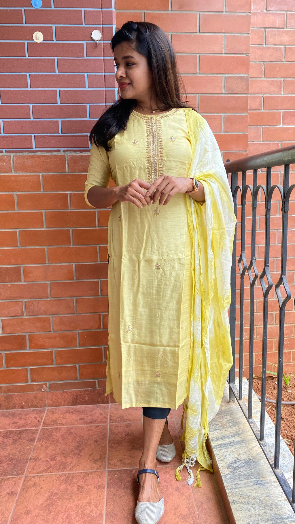 Yellow silk embroidery kurti 2 piece set - Threads