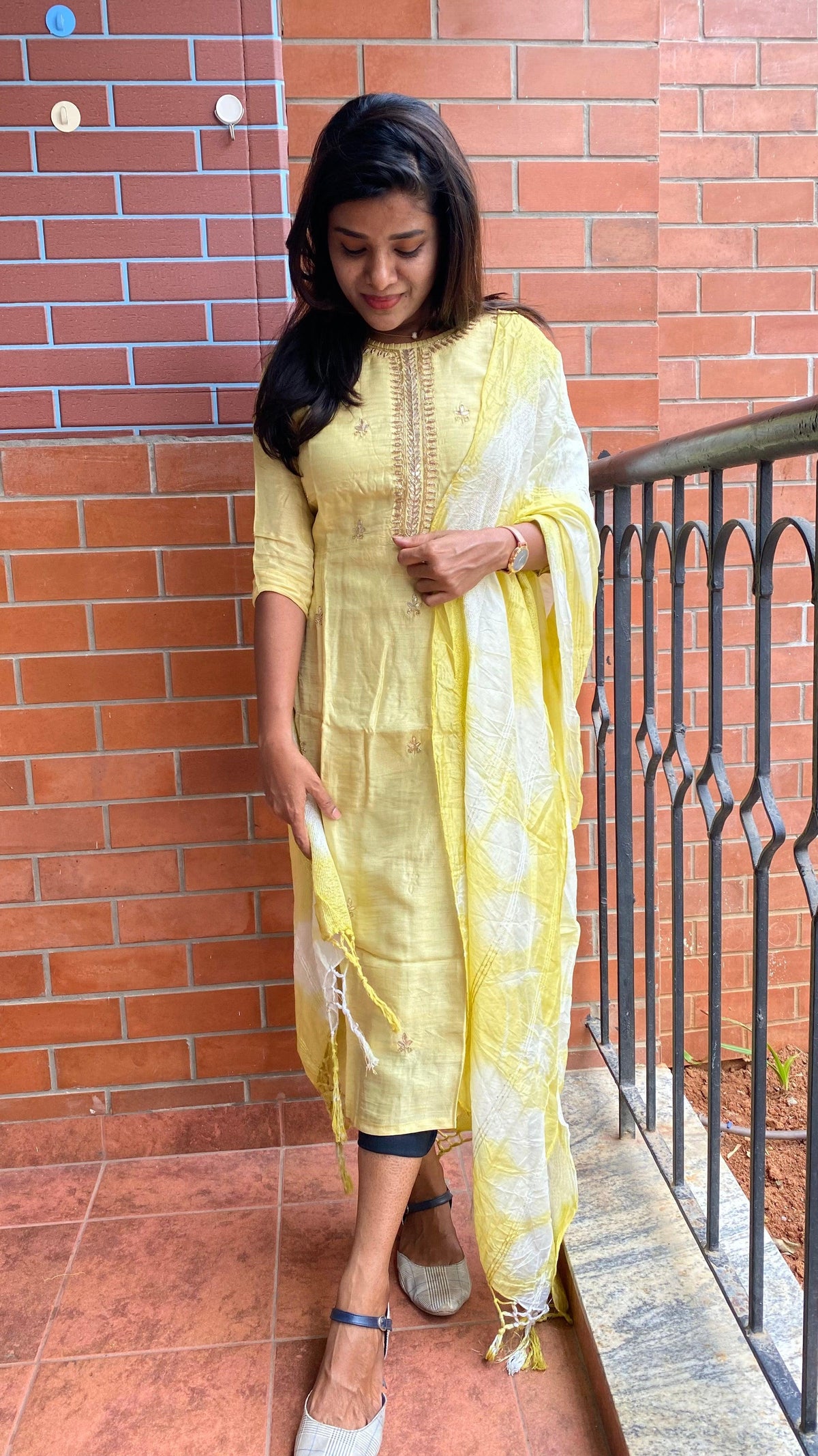Yellow silk embroidery kurti 2 piece set - Threads