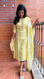 Yellow silk embroidery kurti 2 piece set - Threads