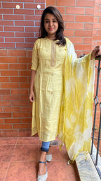 Yellow silk embroidery kurti 2 piece set - Threads